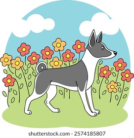 Basenjis walking gracefully in front of a vibrant flower garden, capturing the beauty of nature and this unique breed.