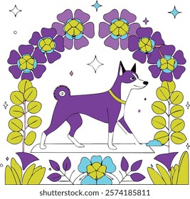 Basenjis walking gracefully in front of a vibrant flower garden, capturing the beauty of nature and this unique breed.