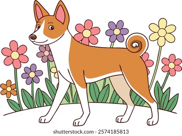 Basenjis walking gracefully in front of a vibrant flower garden, capturing the beauty of nature and this unique breed.