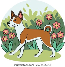 Basenjis walking gracefully in front of a vibrant flower garden, capturing the beauty of nature and this unique breed.