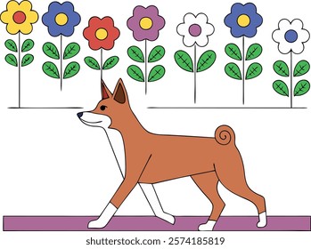 Basenjis walking gracefully in front of a vibrant flower garden, capturing the beauty of nature and this unique breed.