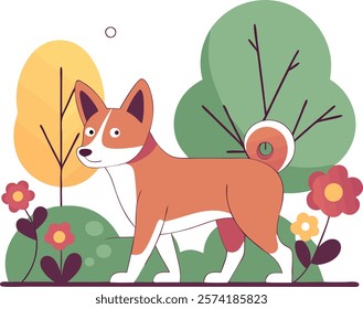 Basenjis walking gracefully in front of a vibrant flower garden, capturing the beauty of nature and this unique breed.