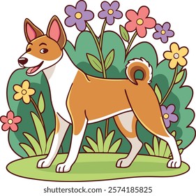 Basenjis walking gracefully in front of a vibrant flower garden, capturing the beauty of nature and this unique breed.