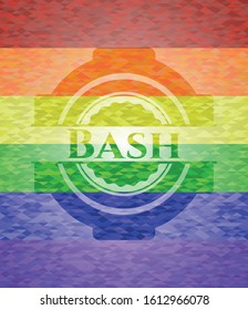 Bash on mosaic background with the colors of the LGBT flag