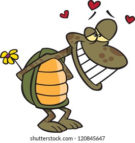 bashful cartoon turtle in love and holding a flower