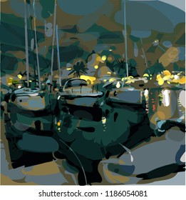 Bashka-voda, parking for yachts hand-drawn vector landscape