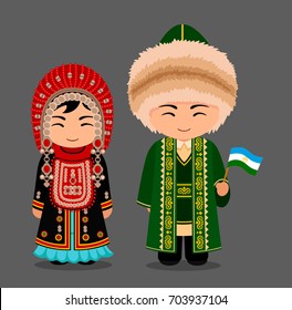 Bashkirs con traje nacional y bandera. Hombre y mujer con traje tradicional. Viaje a Rusia (República de Bashkortostán).  Gente. Ilustración plana vectorial.