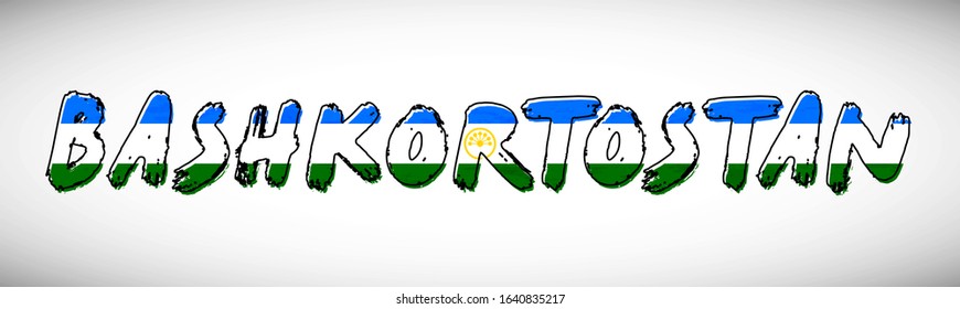 Bashkortostan flag on text typography. Country name banner strip. Creative typography background.