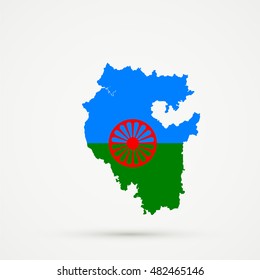 Bashkortostan map in Romani people flag colors, editable vector.