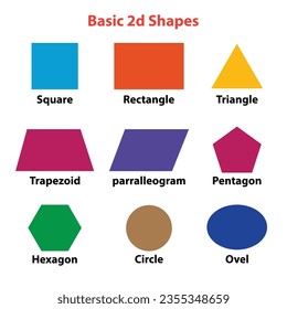 Basic 2D shapes. mathematics geometric shapes black color Circles, squares, triangles, rectangles hexagons, vector illustration.