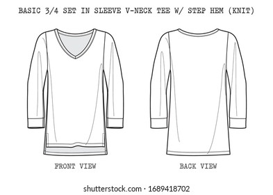 Basic 3/4 SET IN SLEEVE V-NECK TEE W/ STEP HEM