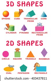 Basic 3d and 2d shapes with cartoon animals for preschoolers