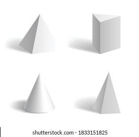 Basic 3d geometric pyramid shapes: hexagonal, pentagonal, cone white isolated templates with shadows. Geometry figures and forms set. Vector illustration