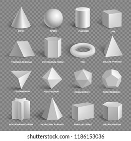Basic 3D geometric shapes collection with names. Square, rectangle, circle, cube, sphere, cone and other regular forms set. Vector realistic illustration isolated from background