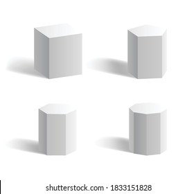 Basic 3d geometric shapes: cube, cuboid, hexagon, pentagon prism white isolated templates with shadows. Geometry figures and forms set. Vector illustration