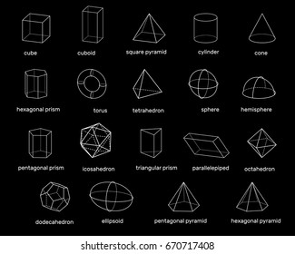 Basic 3d geometric shapes. Isolated on black background. Vector outline illustration. Dimetric projection.