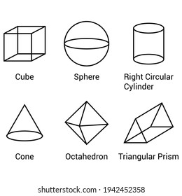 basic 3d geometric shapes line art vector illustration
