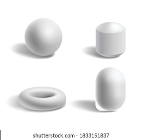 Basic 3d geometric shapes: sphere, torus, capsule white isolated templates with shadows. Geometry figures and forms set. Vector illustration