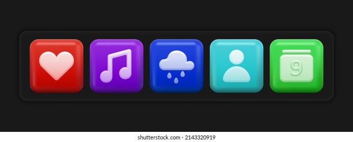 Basic 3d Icons Set. Colorful Ui Apps Buttons. Vector illustration