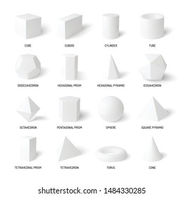 Basic 3d shapes realistic white set of cylinder sphere cone cube tube  tetrahedron isolated on white background vector illustration