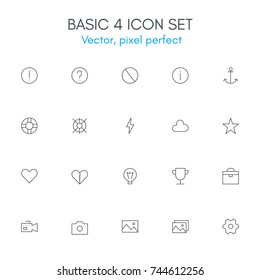Basic 4 theme, line icon set. Pixel perfect, fully editable stroke, black and white, vector icon set suitable for websites, info graphics, and print media.