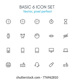 Basic 6 theme, line icon set. Pixel perfect, fully editable stroke, black and white, vector icon set suitable for websites, info graphics, and print media.