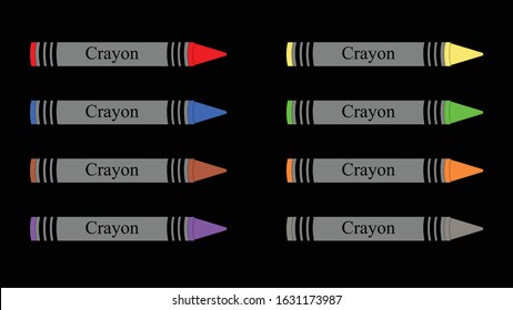 Basic 8 color crayons, Red, Yellow, Green Brown, Blue, Gray and Orange with gray labels.  All created as layers and groups for easy editing and modifications