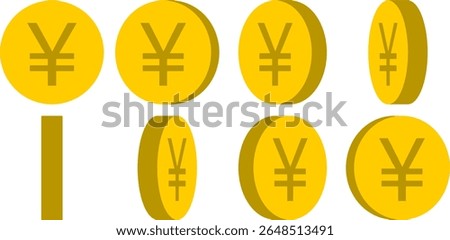 Basic 8-frame Rotating Coin with Japanese Yen or Chinese Yuan Sign Symbol Sprite Sheet for Sprite Animation in Games and App UI. Vector Image.