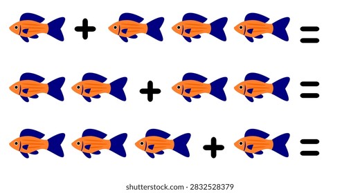 Basic addition worksheet for kids featuring simple problems with orange blue fish element. Printable educational worksheet. Perfect for preschool, kindergarten, classroom activities, and homeschooling