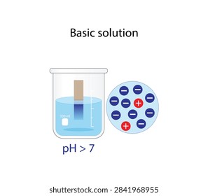 Basic alkaline solutions. PH paper indicator. Color change of paper to blue for bases. Vector scientific design.