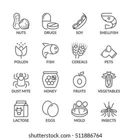basic allergens thin line icons set. isolated. black color