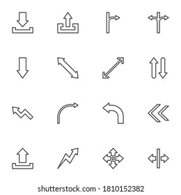 Basic arrows line icons set, outline vector symbol collection, linear style pictogram pack. Signs, logo illustration. Set includes icons as download arrow, upload, up, down, left, right, curve