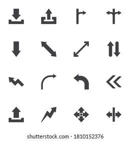 Basic arrows vector icons set, modern solid symbol collection, filled style pictogram pack. Signs, logo illustration. Set includes icons as download arrow, upload, up, down, left, right, curve