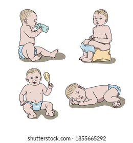 Basic baby actions: the child is on the potty, drinks from the bottle, the child is sleeping