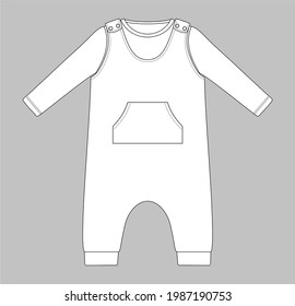 basic baby sleeveless romper with press studs on shoulder and kangaroo pocket with long sleeve top. Flat sketch template isolated on grey background