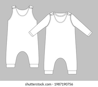 basic baby sleeveless romper with press studs on shoulder and long sleeve top. Flat sketch template isolated on grey background