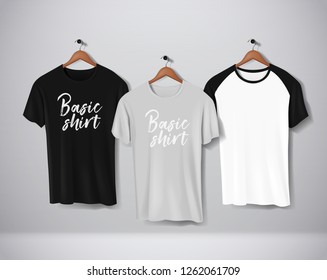 Basic and Baseball short sleeve T-Shirts Mock-up clothes set hanging isolated on wall. Front side view with lettering for your design or logo. 