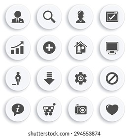 Basic black icons on white buttons. Flat design.