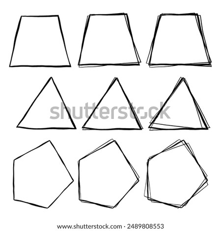 Basic black line doodle blank frame on white background. Triangle Trapezoid and Pentagon. Single Double and Triple. Vector illustration.