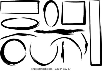 Basic black line doodle empty frame on transparent background. Circle Oval and Square. Single double and triple. Vector illustration.