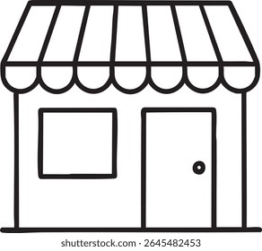 Um desenho básico, linha preta de uma pequena loja com um toldo simples e janelas.