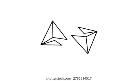 Basic black line illustration of multiple geometric three dimensional triangle shapes on a plain white surface.