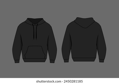 Basic black male hoodie mockup. Front and back view. Blank textile print template for fashion clothing.