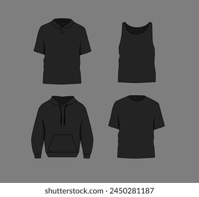 Basis Schwarz Herren Polo, T-Shirt Tank Top und Hoodie Mockup. Leere Textildruck-Vorlage für Modebekleidung.