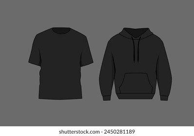 Basic black male t-shirt and hoodie mockup. Front and back view. Blank textile print template for fashion clothing.