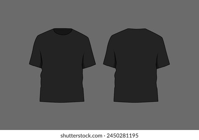 Basic black male t-shirt mockup. Front and back view. Blank textile print template for fashion clothing.