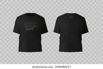 Básico negro masculino camiseta realista maqueta. Vista frontal y posterior. Plantilla de estampado textil en blanco para prendas de moda.