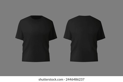 Básico negro masculino camiseta realista maqueta. Vista frontal y posterior. Plantilla de estampado textil en blanco para prendas de moda.