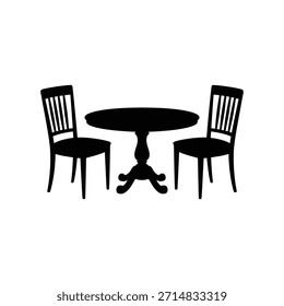 Una silueta básica negra que representa una mesa redonda y dos sillas, simple y limpia.
