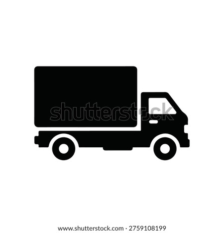 A basic black silhouette illustration of a delivery truck with a large rectangular box body and a small cab